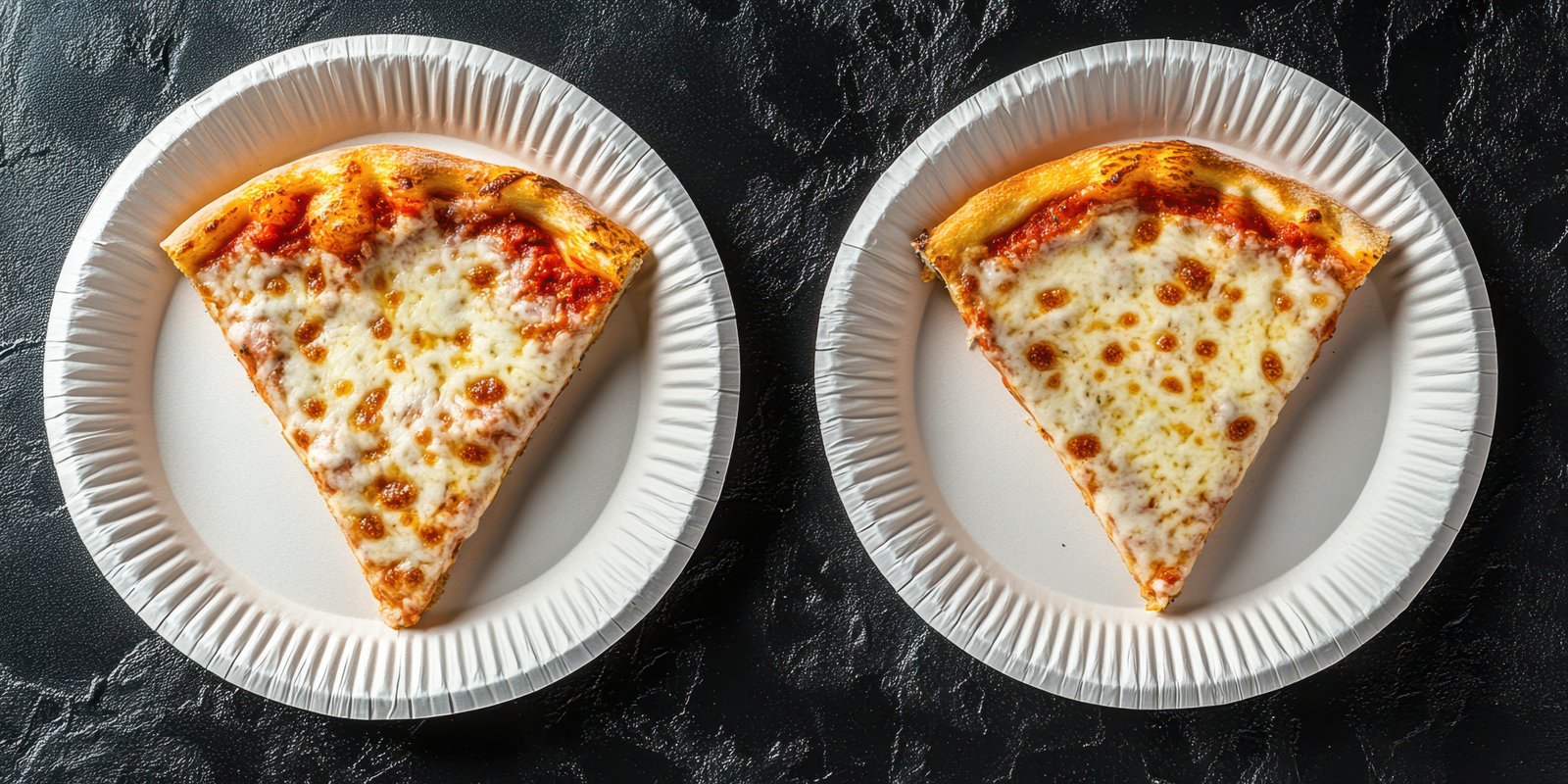 Two slices of cheese pizza on paper plates placed on a dark textured surface with casual dining vibes